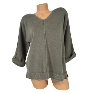 Chico's Size 2 LARGE Olive Green V Neck Knit Sweater Roll Tab Sleeve Relaxed Fit